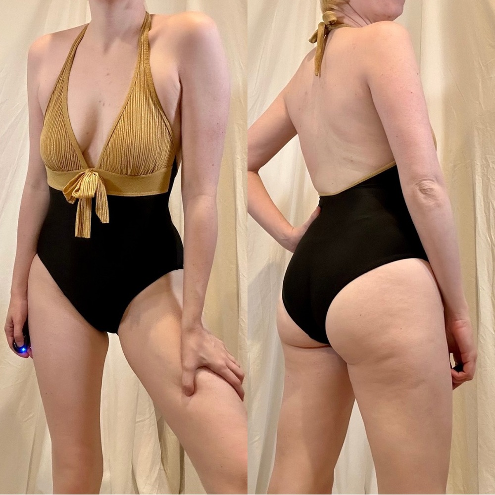 Vintage 1990s LaGouf by Silvian Lurex Metallic Halter Cheeky One Piece Swimsuit